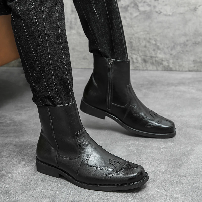 Klassieke Westerse Cowboy Heren Laarzen Ridder Lederen Schoenen Mannen Rits Kuit Nieuwe Hoge Kwaliteit Comfort Fashion Design Casaul Party Dagelijks