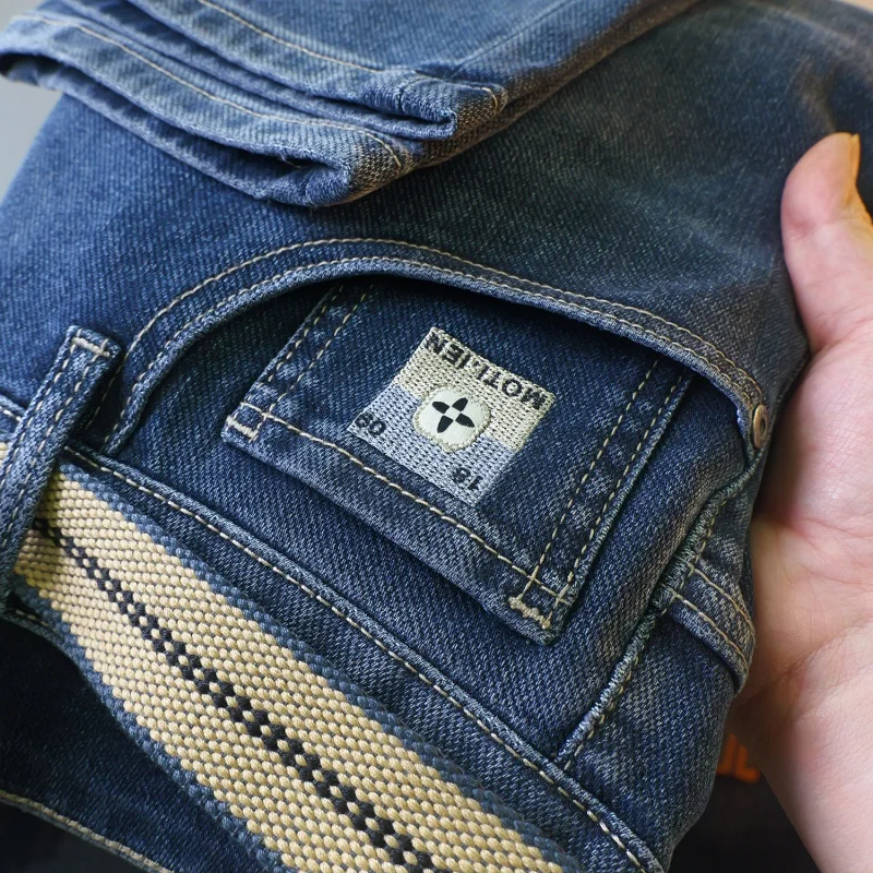 Trendy Printed Jeans Men's All-Matching Fashion Casual High-End Pu Handsome Stretch Slim-Fit Thick Skinny Pants Men