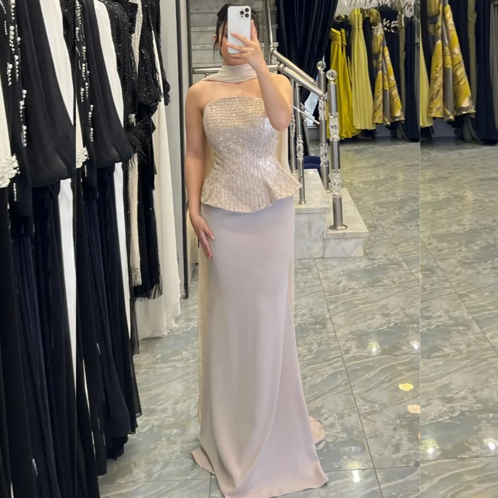 

Customized Chinese Style Jersey Sequined Pleat A-line Strapless Long Dresses Bespoke Occasion Intricate