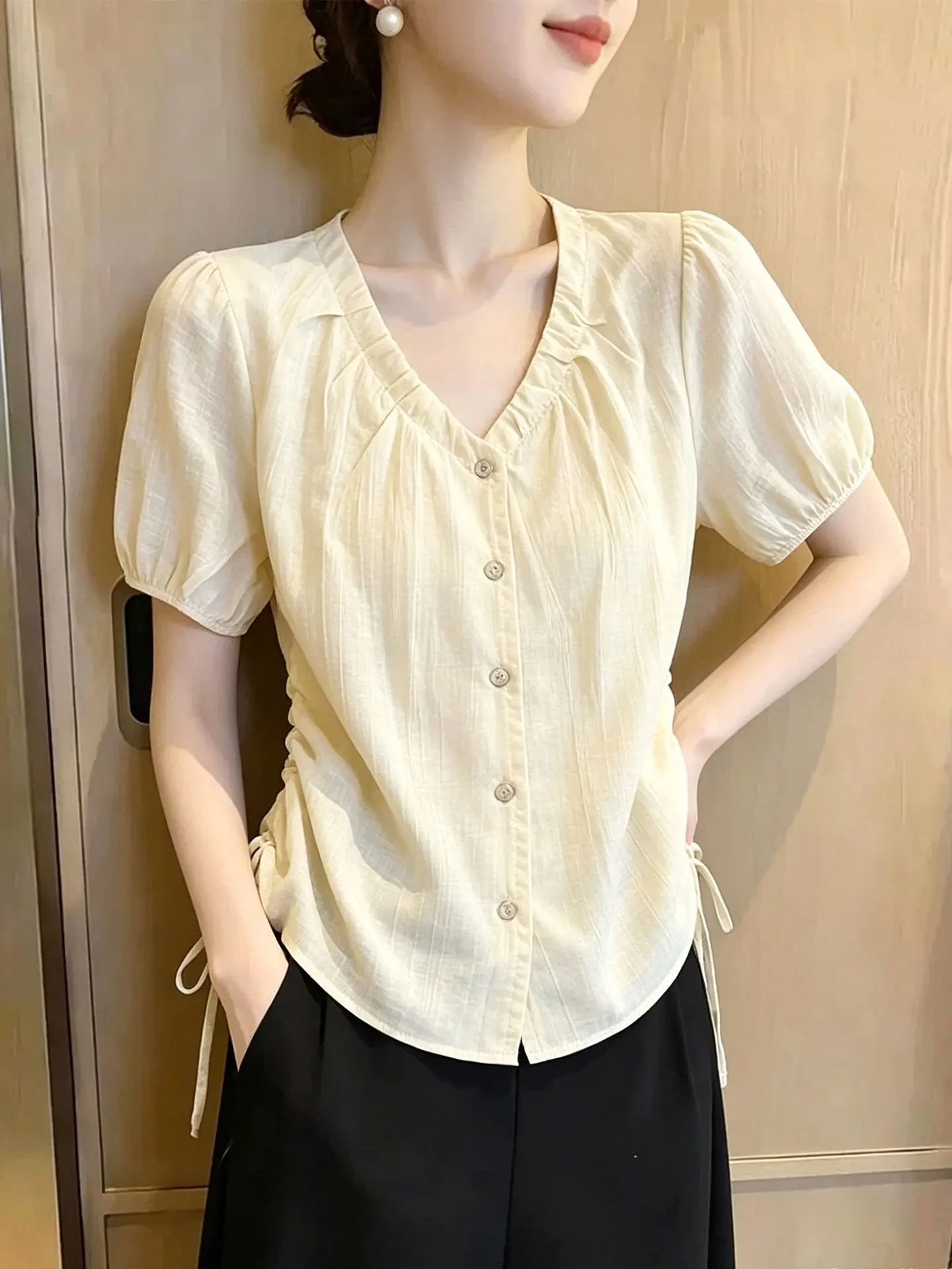 Elegant White V-neck Bubble Sleeve Shirt Women's Fashion Drawstring Slimming Top Korean Style Straight Cut Silk Blouse