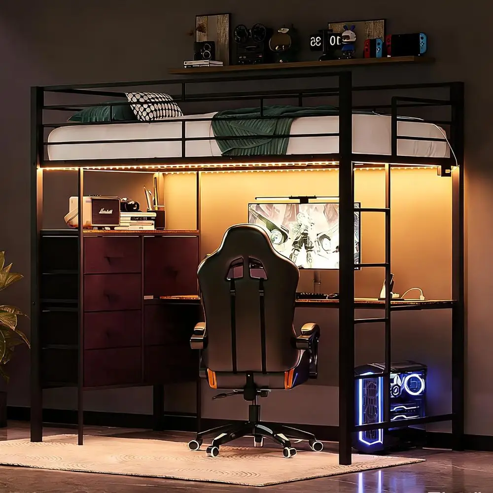 

VINGLI Twin Gaming Lot Bed e with Desk and Drer, Metal Single High Sleeper with RGB LED Lights, 2 Built-in Power Outlets, 15” Ex