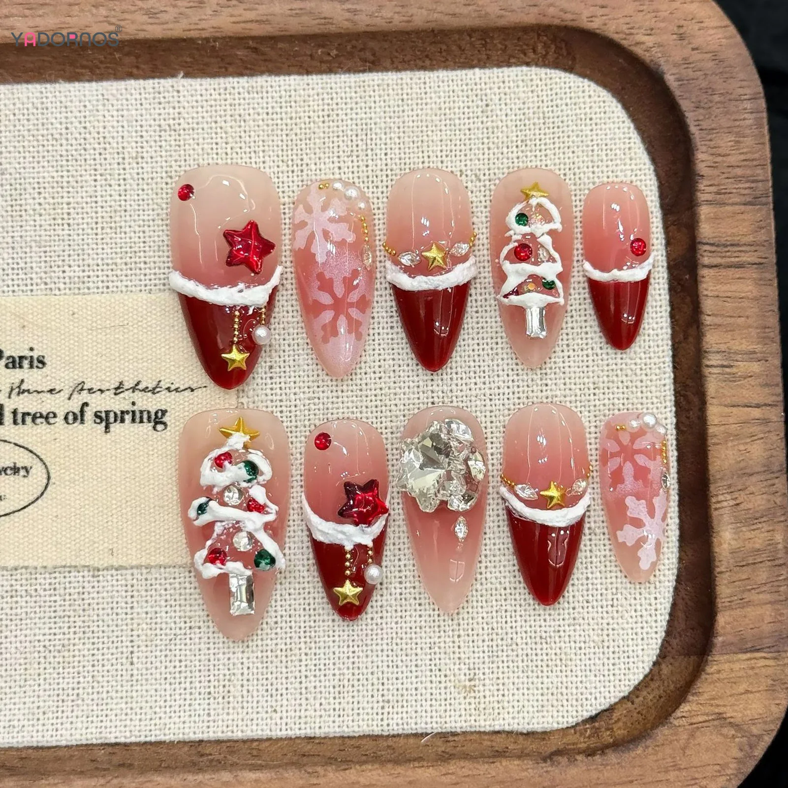 10 Uds. De uñas navideñas hechas a mano, uñas postizas de almendra francesa roja, diamantes de imitación brillantes, diseño de estrella de árbol de Navidad, uñas postizas usables