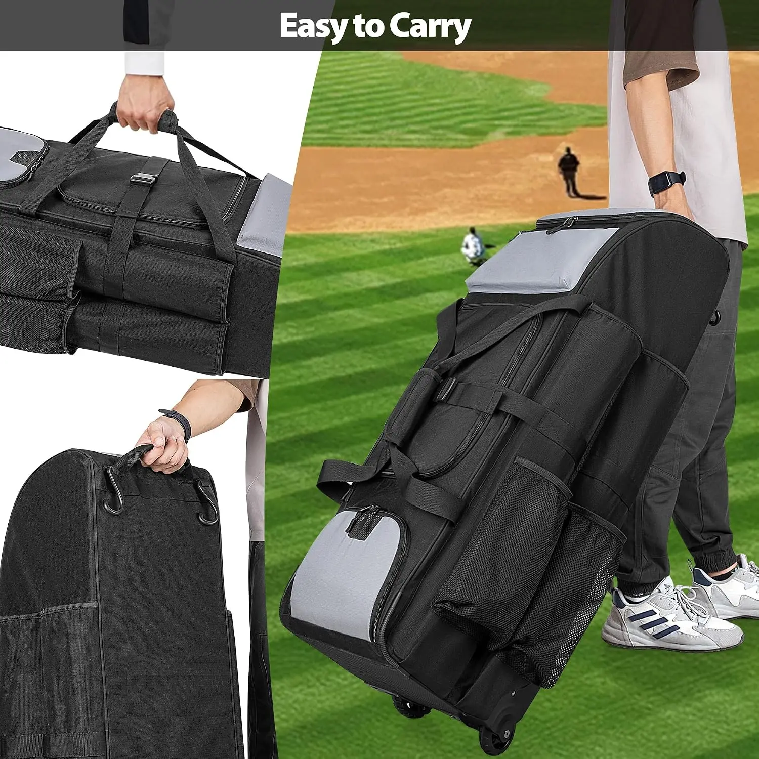 Rolling Baseball Bag Large Softball Catchers Gear Bag With Wheels Softball Equipment Bag Holds Four Bats Shoe Compartment Glove Pocket Baseball Catchers Bag With Hook view 6