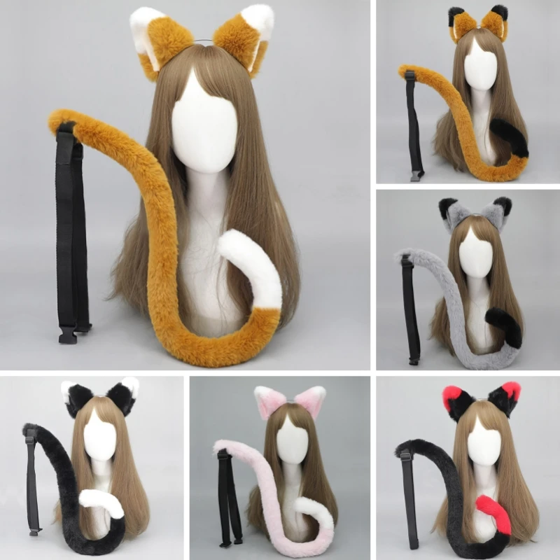 Plush Cat Fox Ear and Tail Lolita Girl Cosplay Accessories Furry Animal Ears Bendable Tail with Adjustable Belt Masquerade Party