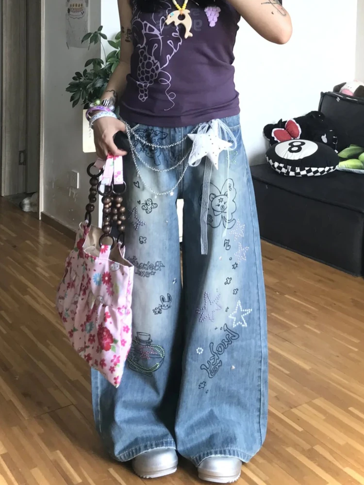 

Women Light Blue Y2k Oversize Jeans Harajuku Wide Leg Denim Trouser Japanese 2000s Style Baggy Jean Long Pants Vintage Clothe