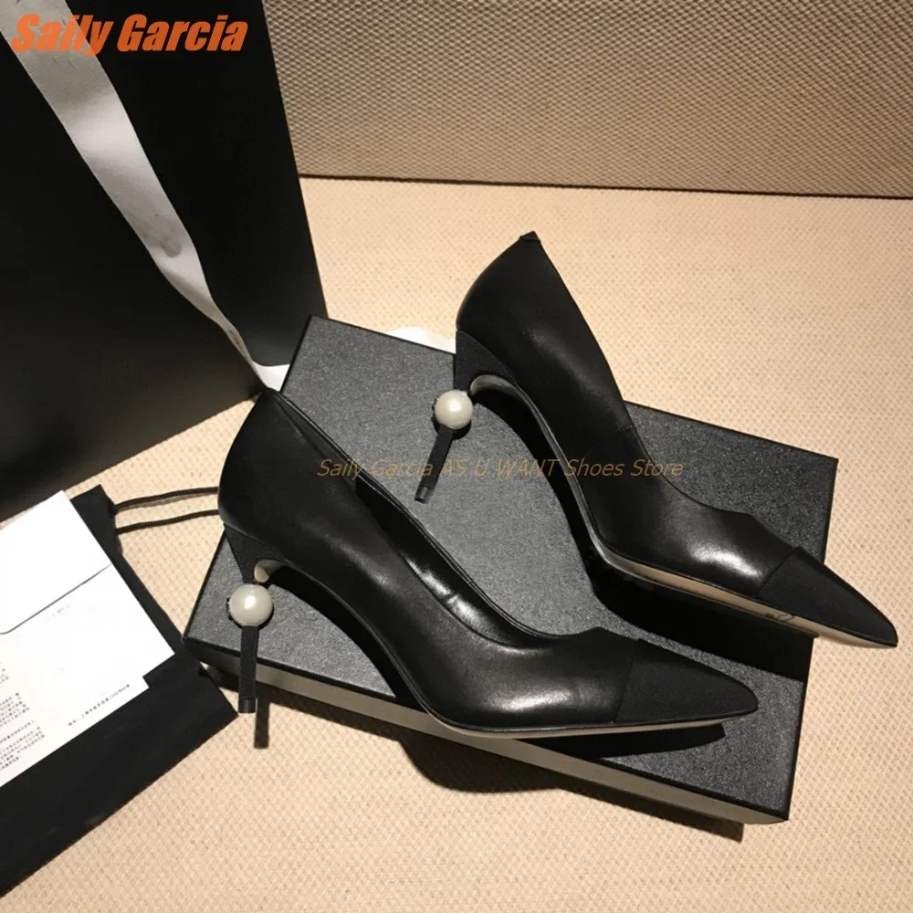 Pearl Heel Pointed Toe Pumps Splicing Sexy Commuting Thin High Heel New Arrival Daily Black White Slip On Women Shoes Leather