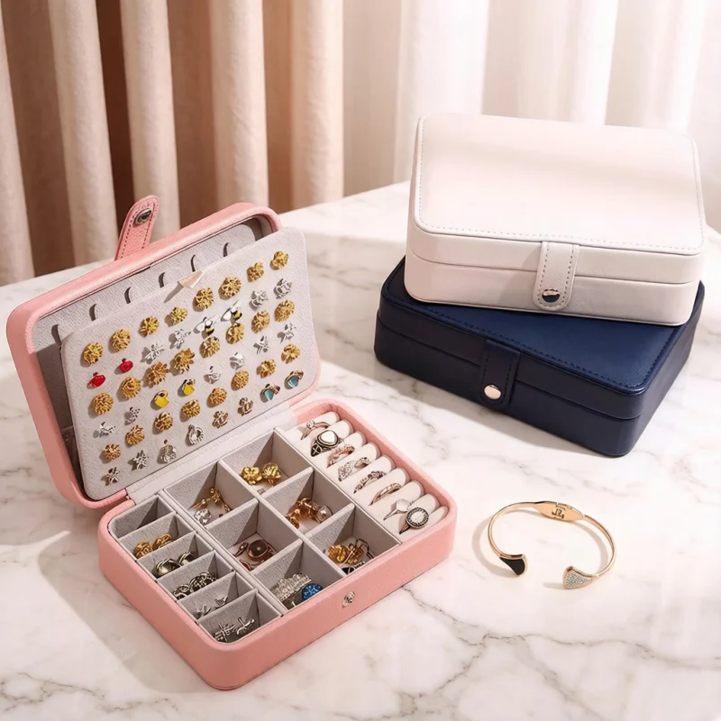 

Portable Double-Layer Buttoned Jewelry Storage Box, for Necklace Watch Earring Ring Organizer