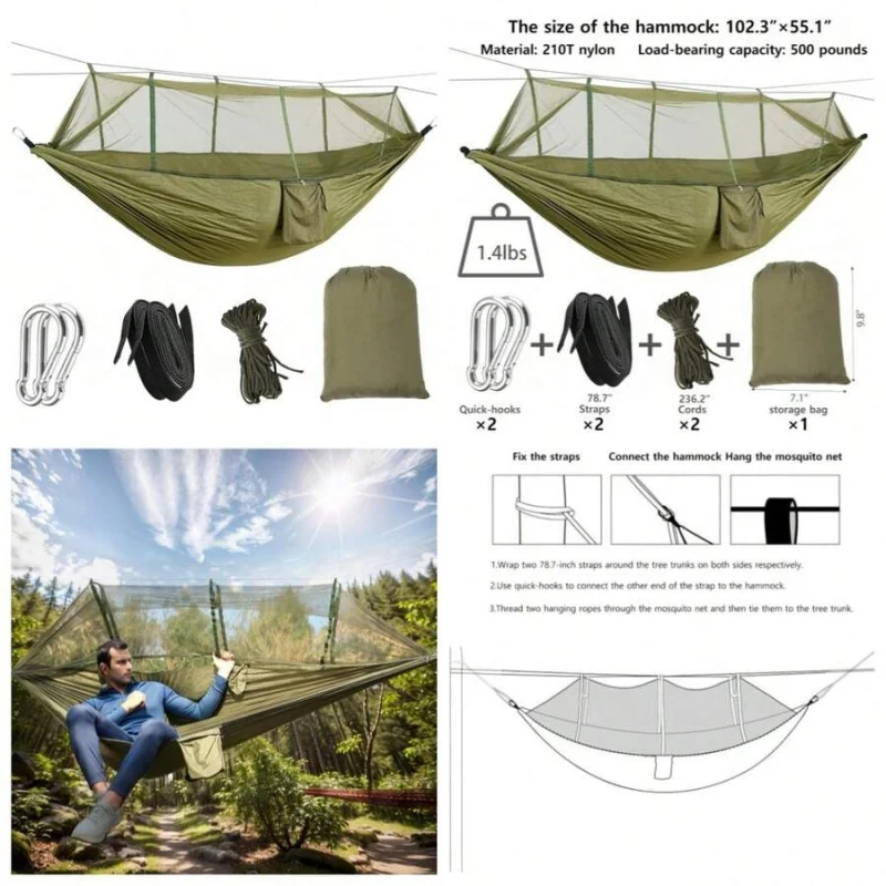 Camping Hammock, Portable Hammocks With Mosquito Net, Hammock Tent For Outside Hiking Travel Camping Gear Must Haves