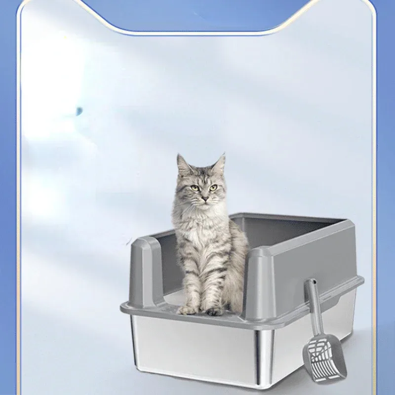 Litter Box Oversized Stainless Steel Open Cat Toilet Anti-Splash Extra Large Cat Poop Basin Cat Litter Box Enclosure Cat Box