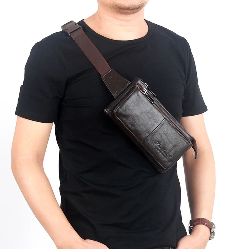 Men Natural Genuine Leather Sling Chest Cross body Bag Travel Belt Purse Pouch Soft Single Shoulder Messenger Waist Pack Bags