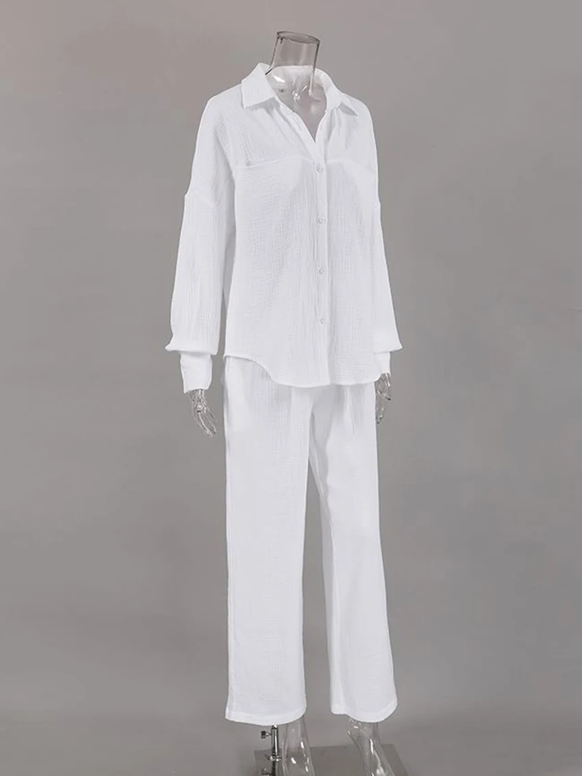 Marthaqiqi Cotton Ladies Sleepwear Set Long Sleeve Nightgowns Turn-Down Collar Pajamas Pants Casual Female Nightie 2 Piece Suits