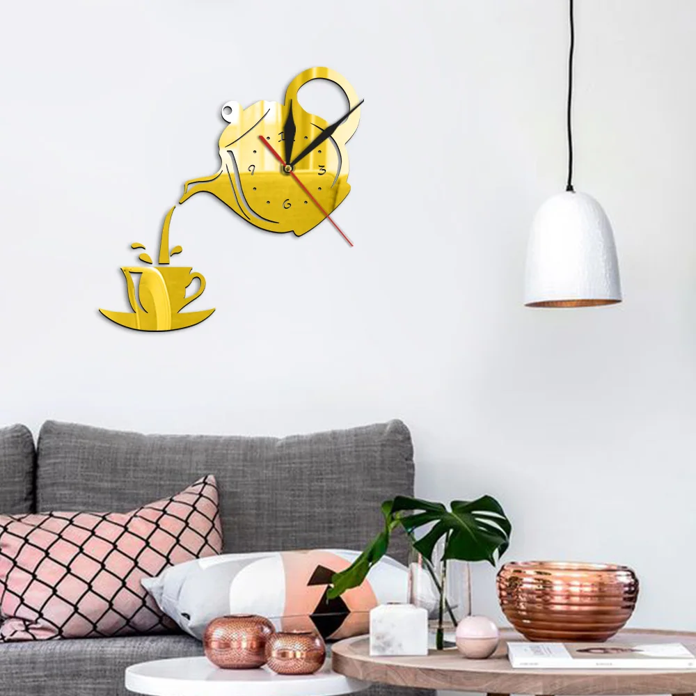 DIY إبريق الشاي وكوب تصميم الاكريليك مرآة الحديثة ساعة الحائط غلاية شاي على شكل ساعة معلقة ساعة المطبخ ساعة إبريق مع كوب