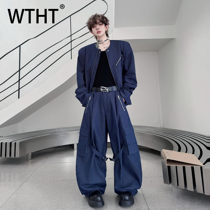 

WTHT Fashion Men's Set Solid Color Zipper O-neck Denim Coats Casual Pockets Straught Loose Jeans Suit Male 2025 Autumn 2A1702
