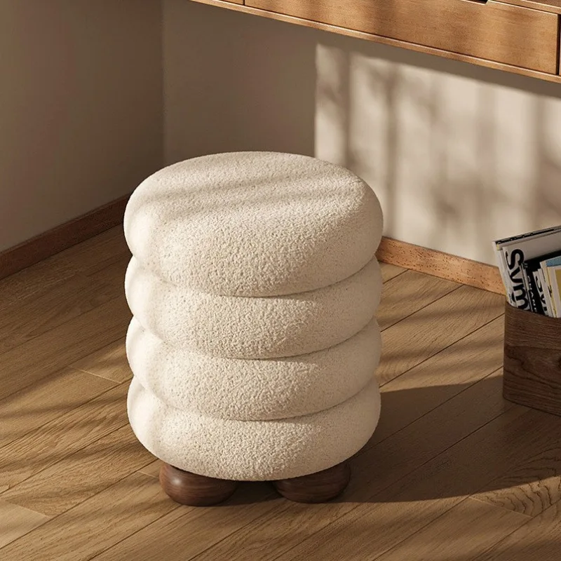 Modern Makeup Chair Leisure Ottomans Chair Wood Round Pulley Chair for Home Shoe Changing Stool Footstool