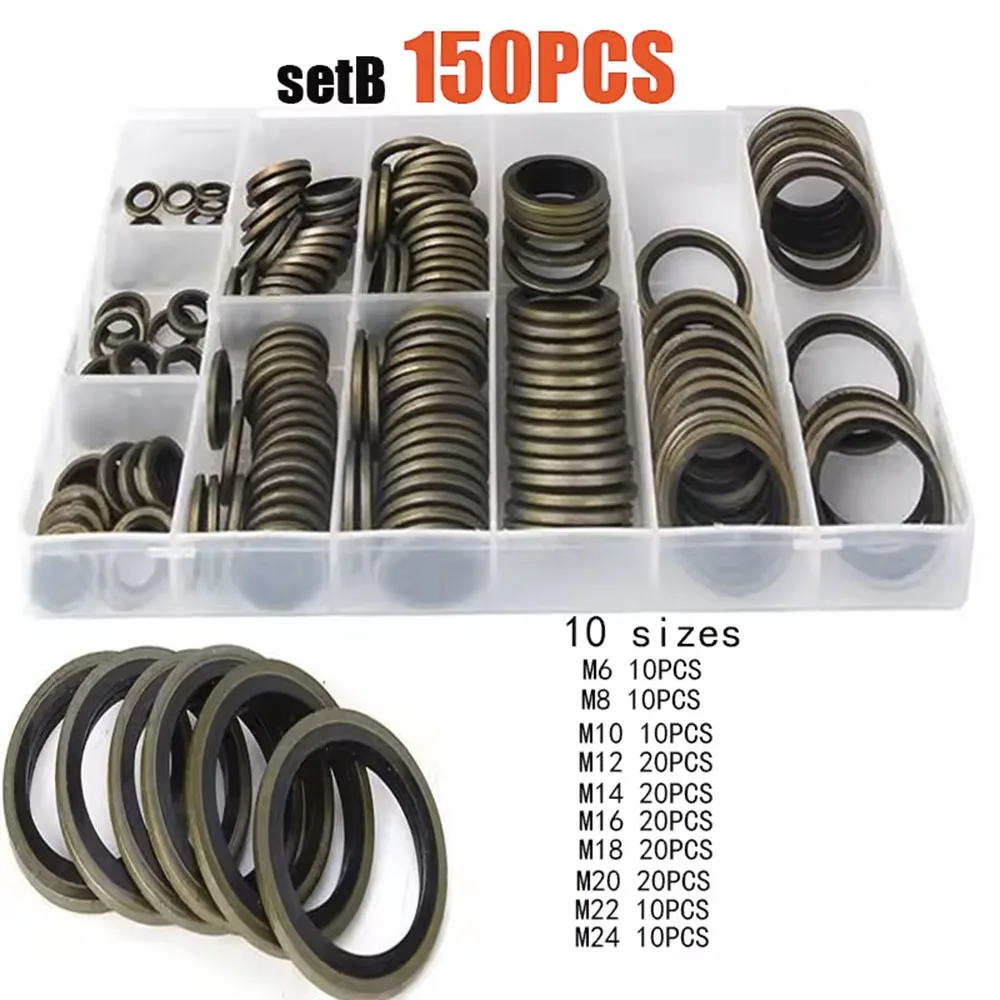 

150pcs Bonded Seal Sealing Ring Assortment Kit Oil Drain Screw Combined Washer Seal Set M6 M8 M10 M12 M14 M16 M18 M20 M22