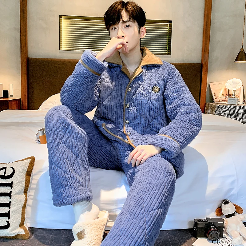 Pajamas Men's Winter Thick Coral Fleece-Padded Long-Sleeved Home Wear Three Layers Flannel Quilted Pyjamas Male Cardigan Pijamas