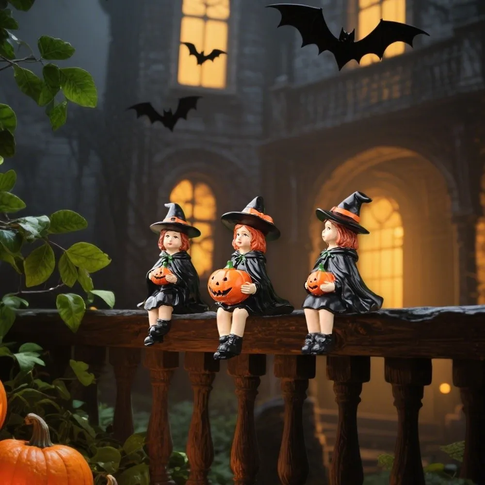

3pcs Cute Witch Holding Pumpkin Statue Handmade Decoration Pumpkin Witch Figurine Resin Crafts Witch Ornament