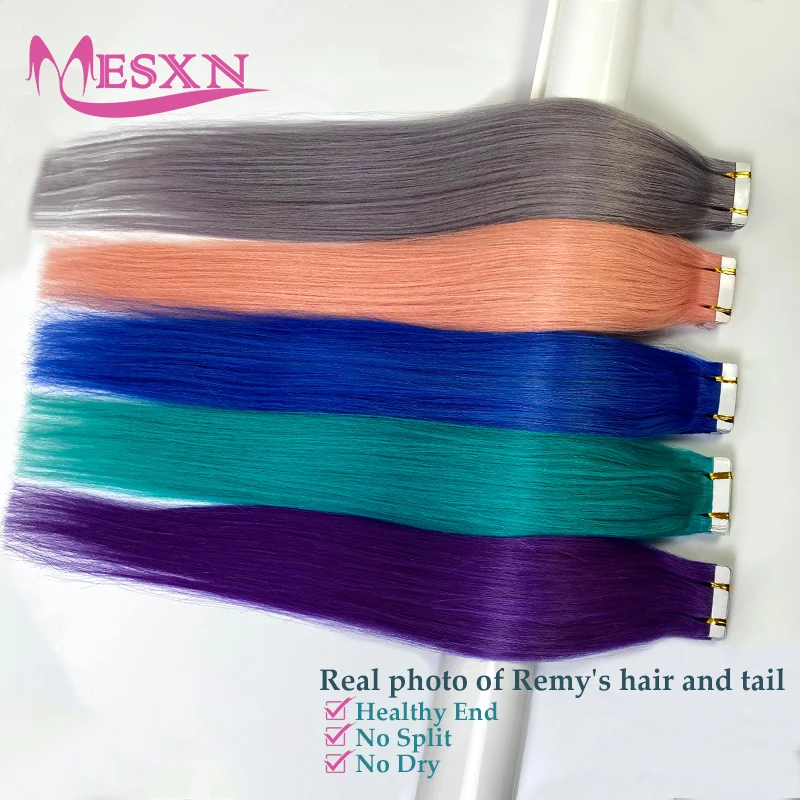 MESXN cinta de Color en extensiones de cabello humano, trama de piel Invisible sin costuras Natural, adhesivo de doble cara, Color púrpura, azul y rosa