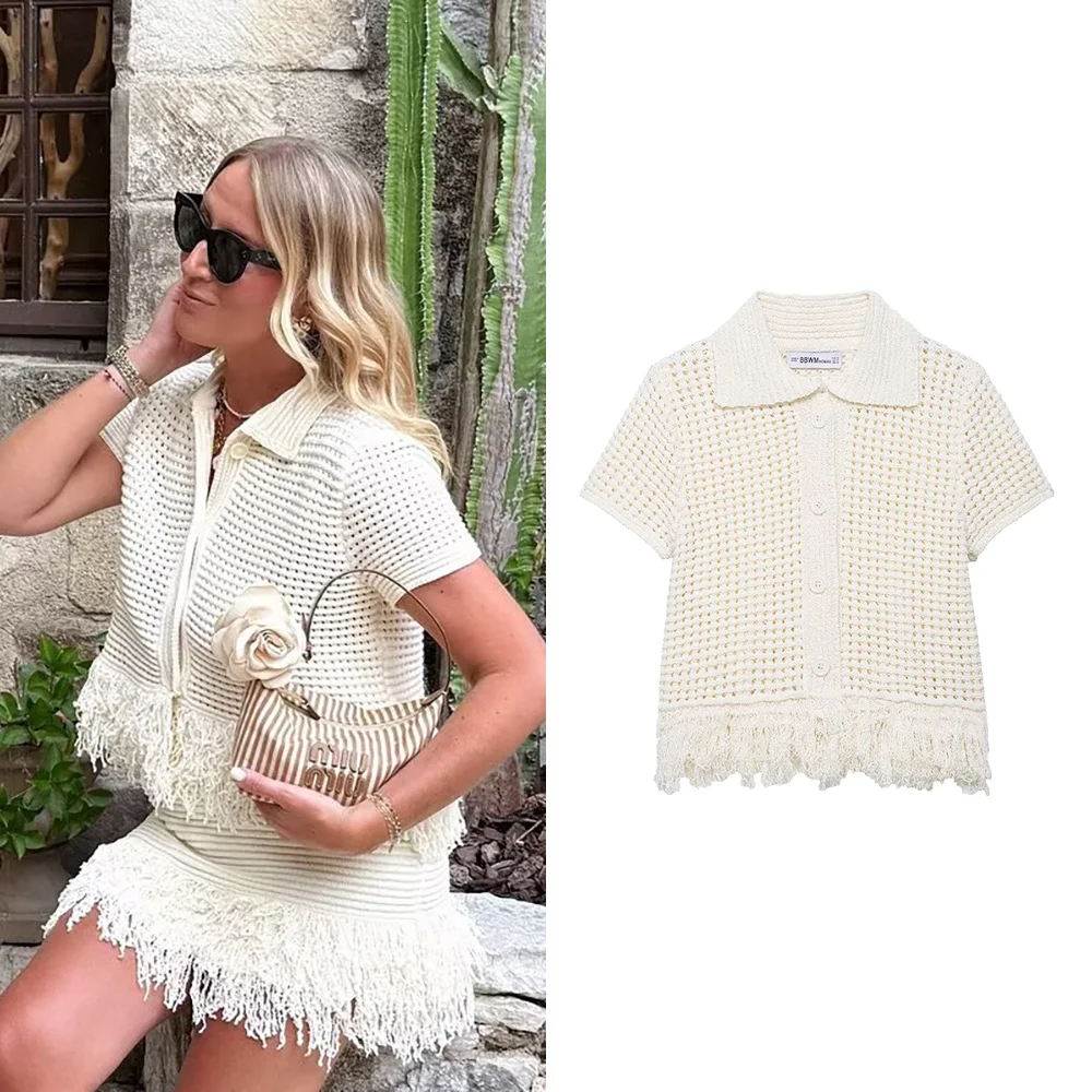 

EDSA женская бежевая вязаная куртка с бахромой в клетку, летний воротник с лацканами и короткими рукавами, однобортный кардиган, топы, пальто