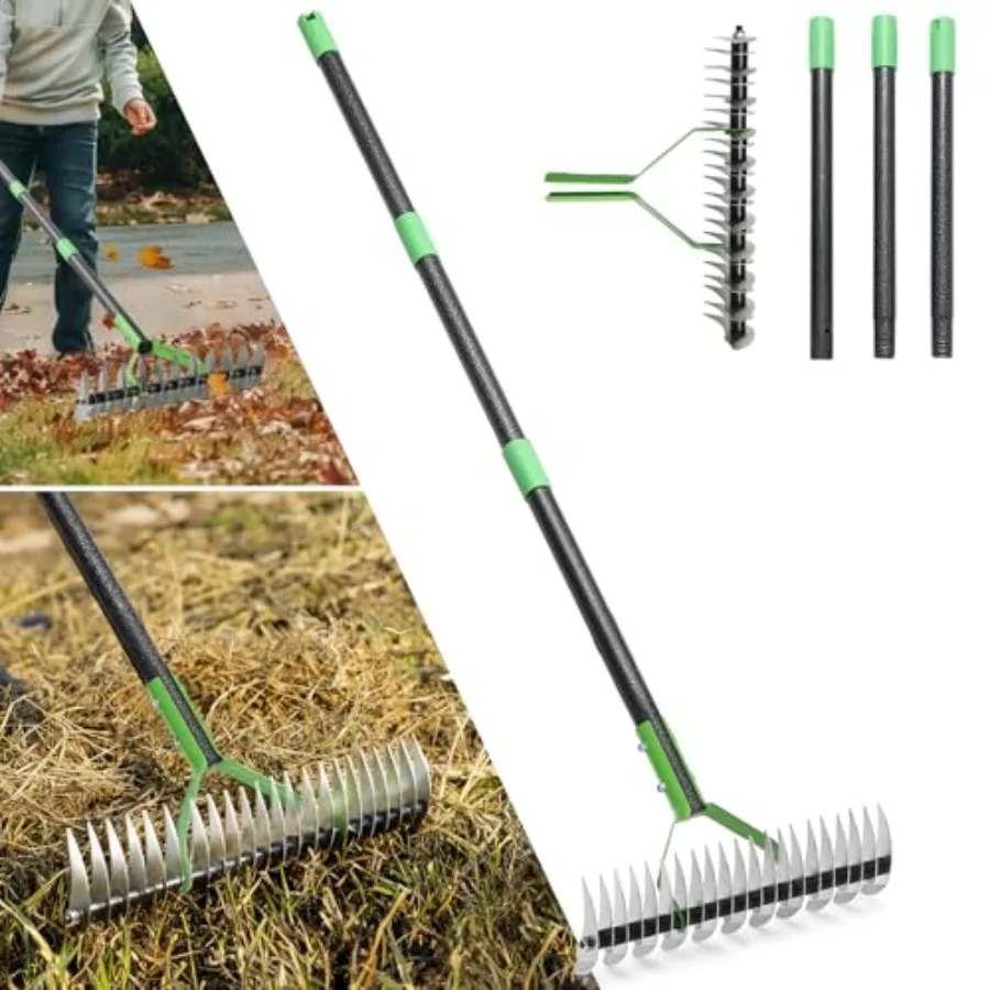 

Thatch Rake, 13" Wide Efficient Dethatcher Rake with Adjustable Long Handle, Heavy Duty Steel Metal Dethatching Rakes for Clean