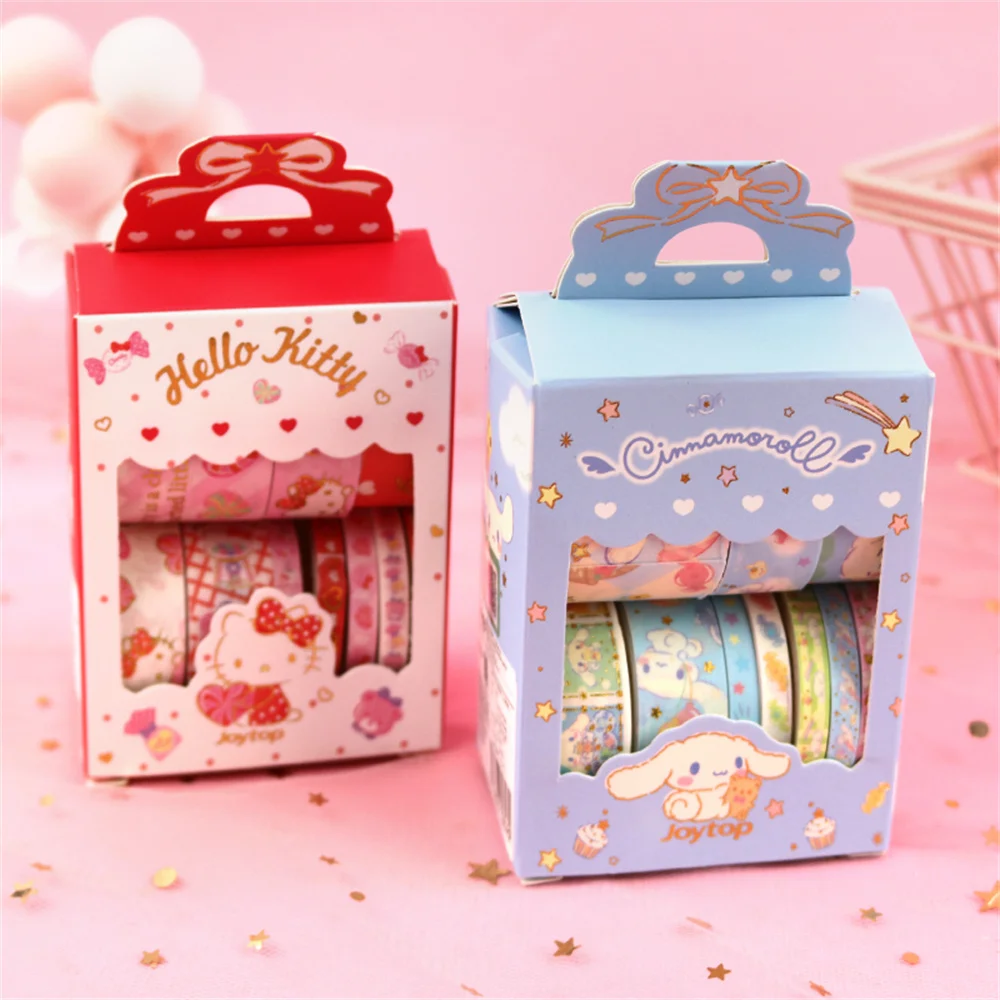 10Roll/Box Sanrio Stickers Roll Box Kuromi Cinnamoroll Hello Kitty Scrapbook Reward Sticker Label Decal Handmade Gifts Kids Toys