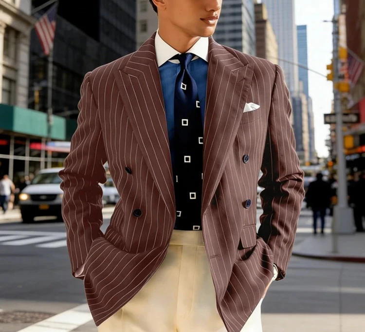 

Premium Men's Striped Tuxedo Jacket Classic Double Breasted Formal Business Groom Blazer For Party Prom 2 pieces(Jacket + pants)