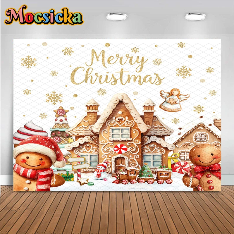 Mocsicka Photography Backdrop Christmas Decoration Snowflake Gingerbread House Man Baby Kid Xmas Party Photo Shooting Background