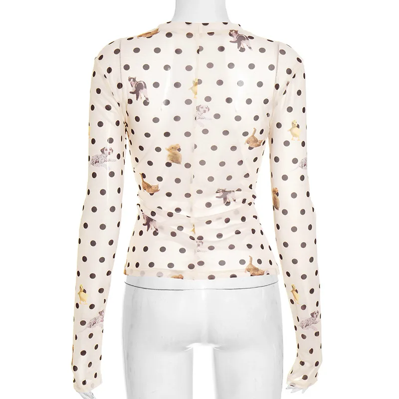 동물 무늬 프린트 가을 겨울 여성 티셔츠 캐주얼 긴팔 풀오버 셔츠 Y2K 스트리트웨어 O넥 크롭 티 탑 신상품