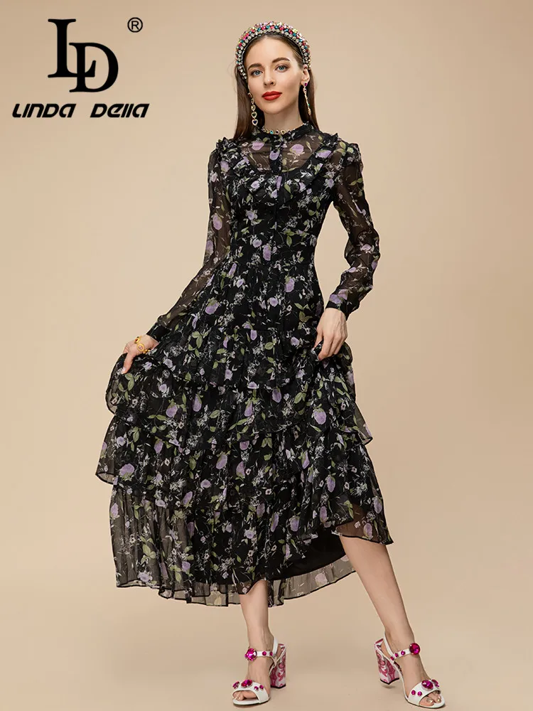 LD LINDA DELLA 2023 Summer Runway Designer Vintage Dress Women\'s Long Sleeve High Waist Cascading Ruffle Splice Chiffon Dress