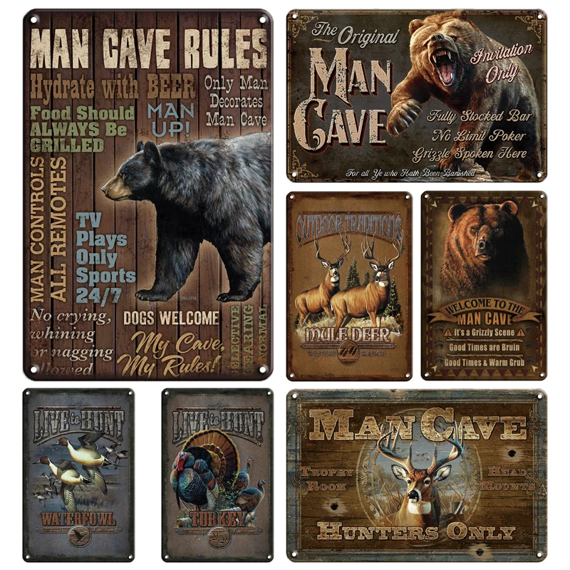 Retro Man Cave Hunting Signs Hunter\'s Animals Bear Deer Bird Metal Sign Plaque Tin Sign Metal Poster for Home Bar Wall Decor