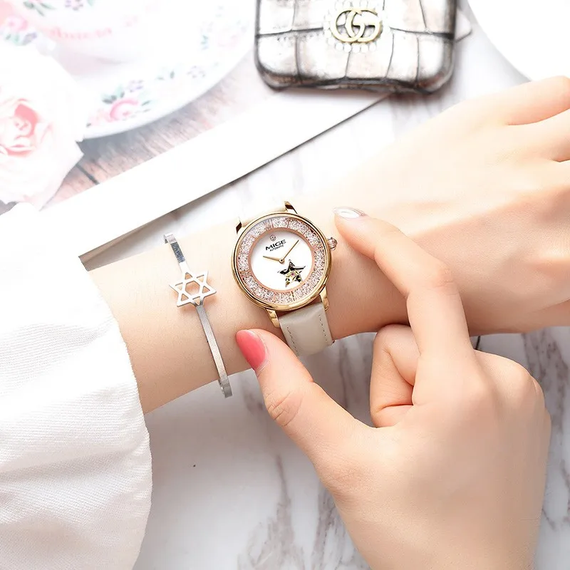 MIGE Automatic Mechanical Women Wristwatches Genuine Leather Strap Waterproof Fashion Watch For Women Sapphire