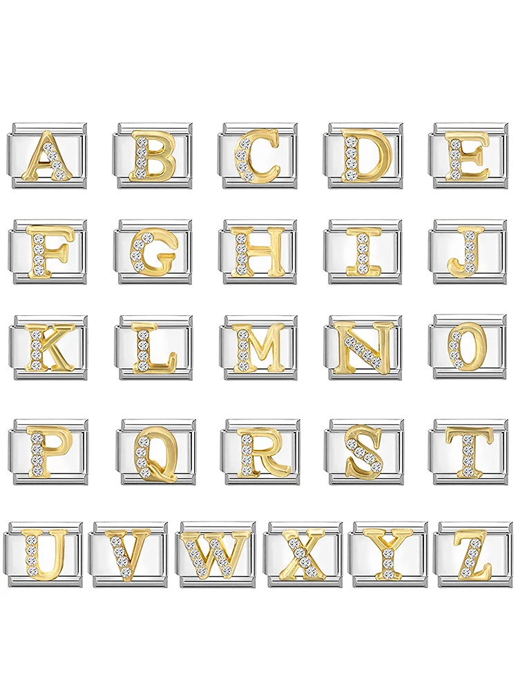 Mode Zircon 26 lettre anglaise A-Z majuscule couleur or lien de charme italien ajustement 9mm Bracelet en acier inoxydable femmes hommes bricolage fabrication