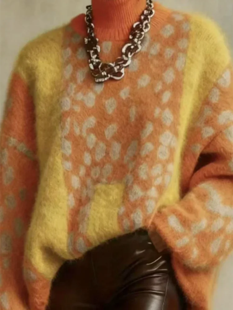 

Casual Long Sleeve O-neck Women's Jumpers Autumn Winter New Commute Tops Lady Vintage Leopard Printed Patchwork Knitted Sweater