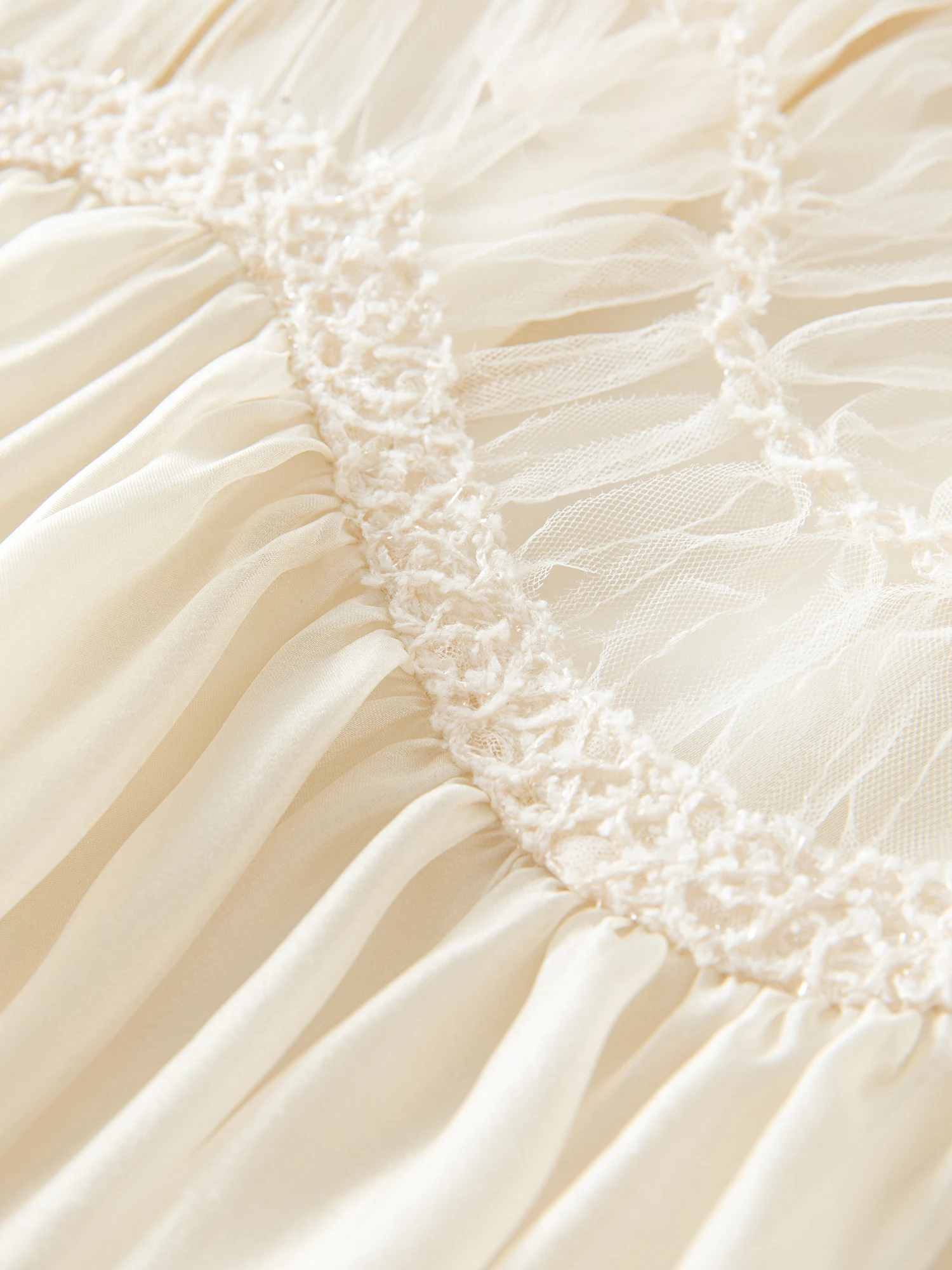 FSLE 2025 Summer Women's Mesh Embroidery Dress Hollow Out Splicing Bubble Sleeves Waist Tie Y2K Trendy Boho Chic 25FS12832