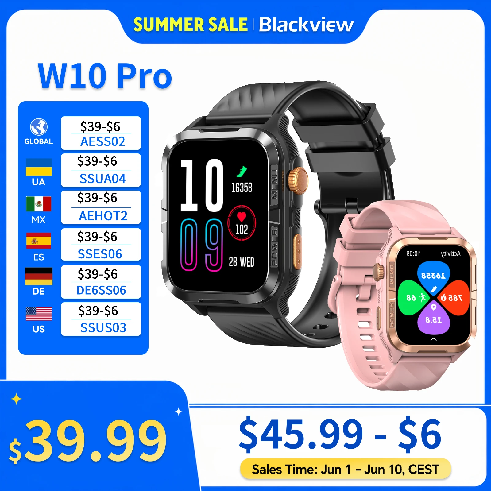 

New Blackview W10 Pro GPS Smart Watch 1.83'' TFT Display, 600mAh 11 Days Standby Bluetooth/Waterproof,with LED Light for Adult