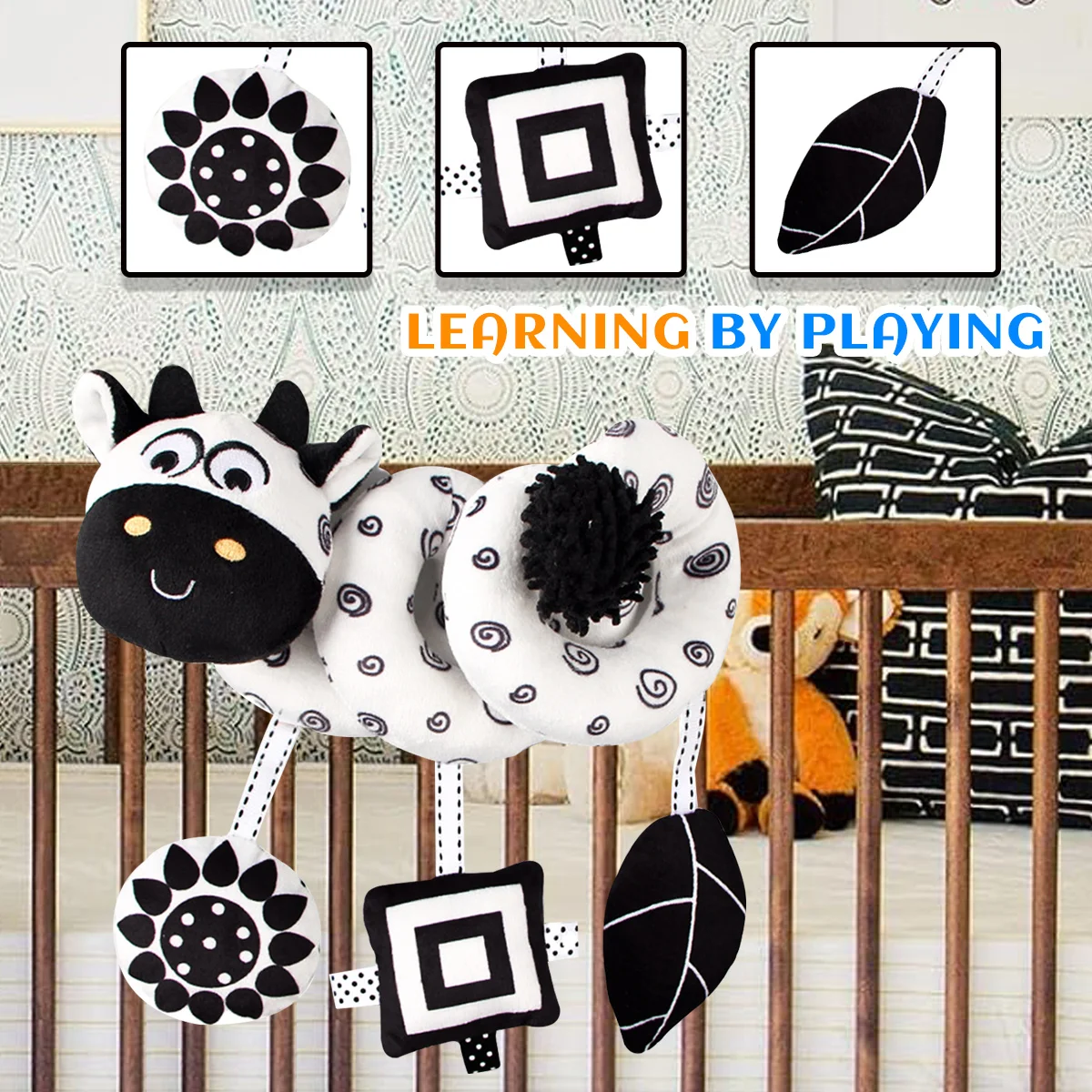 Simpatici giocattoli per bambini con seggiolino auto a spirale per mucca in bianco e nero, attività per carrozzina per passeggino, giocattoli appesi, giocattolo sensoriale ad alto contrasto