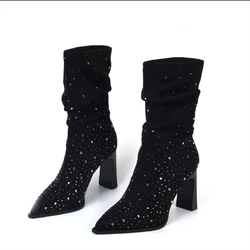 Women's Fashion Chunky Heel Boots Fall New Pointy Suede Sleeve Sequin Pleated Temperament Pile Boots