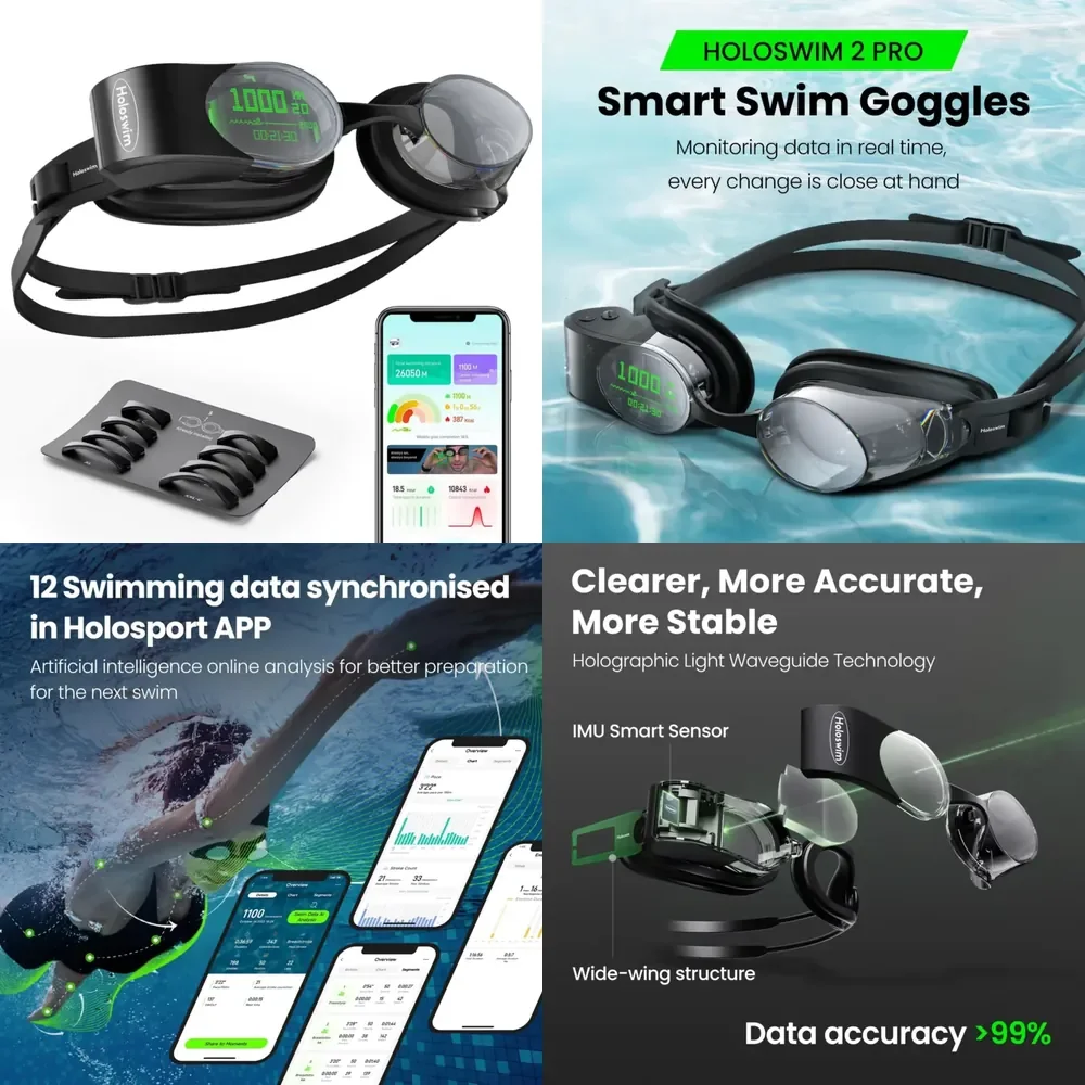 Holoswim 2 Pro Smart Swimming Glasses with Algorithm Analysis & Phone Alerts Premium AR Swim Goggles with 9 Nose Pads