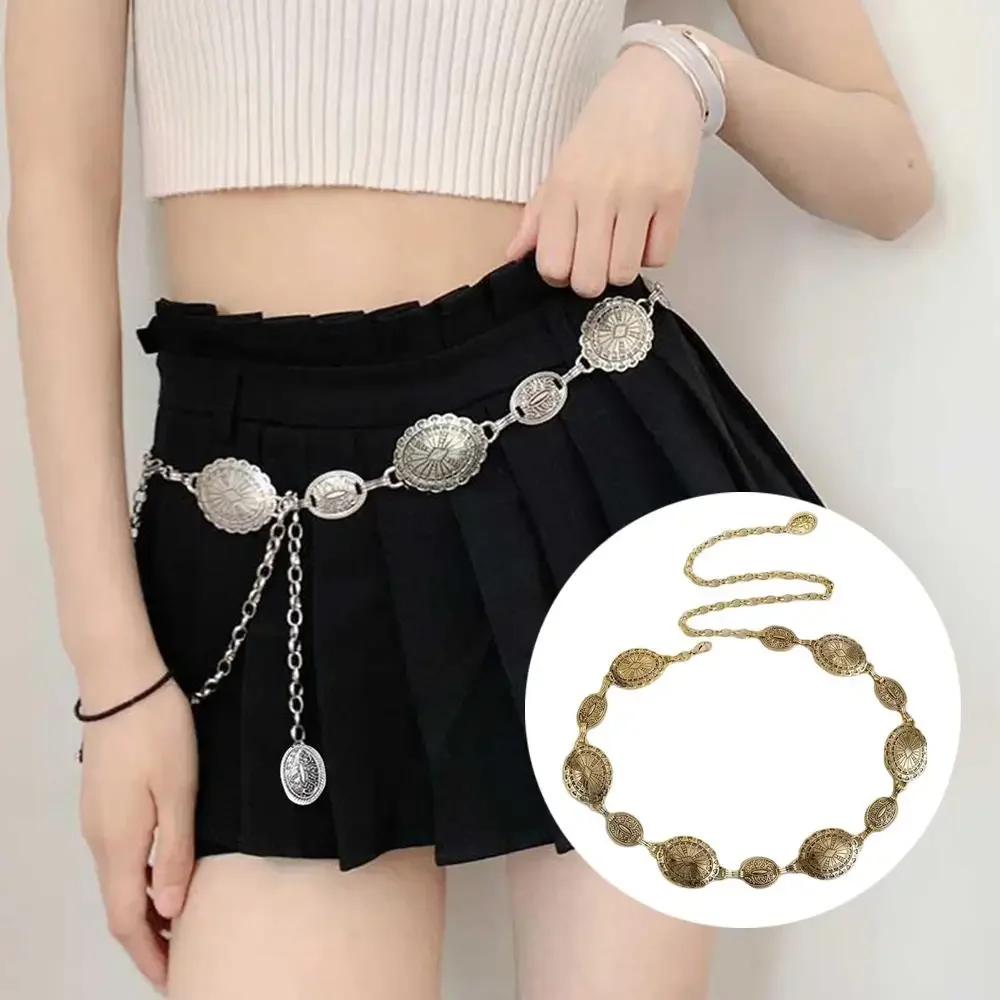 هندسية دائرة الخصر ختم الزخرفية رقيقة حزام قابل للتعديل الجسم مجوهرات الذهب والفضة محفورة الرجعية نمط حزام على شكل سلسلة بسيطة