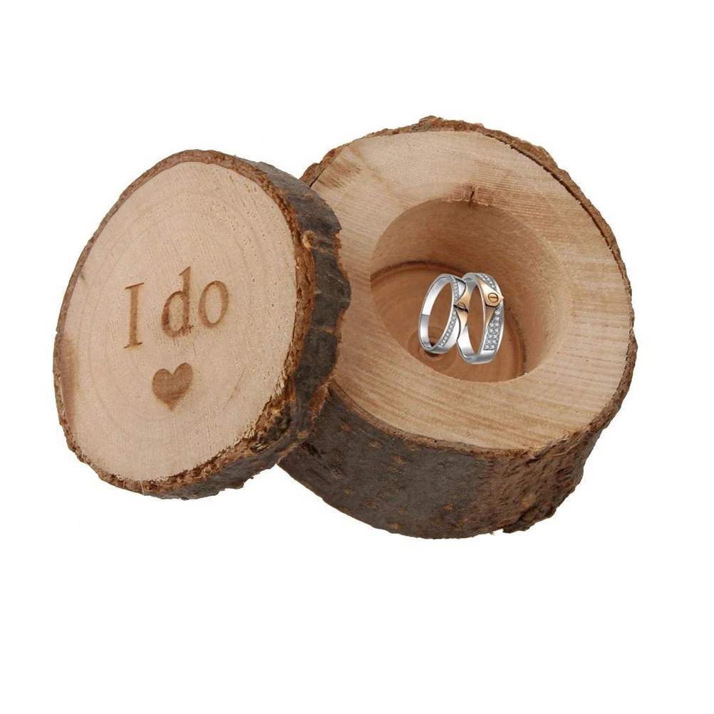 

Rustic Wedding Ring Box Natural Wood I Do Printed 6cm Diameter 5cm Height Chic Vintage Ceremony Jewelry Packaging Display
