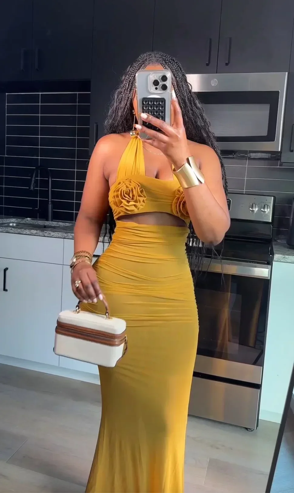 Womens Dresses 2025 Spring Three Dimensional Floral Decor Hanging Neck Sleeveless Casual High Waist Hollow Ruched Long Dress