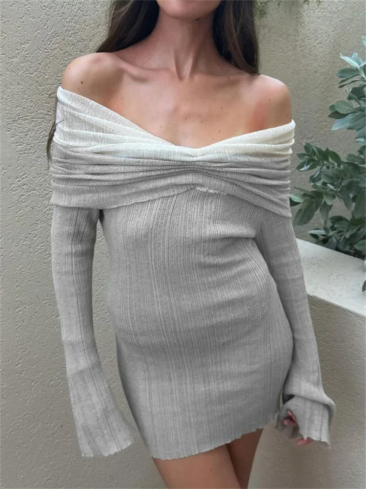 Knit Off-Shoulder Contrast Mini Dress Female Ribbed Slim Fashion Backless Autumn 2024 Party Dress Women's Knitwear Dress
