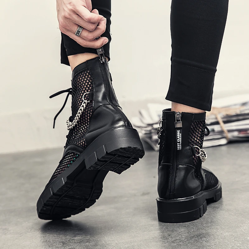 New Fashion Korean Edition Chelsea Boots Men Boots Pointed Black Mesh Face Breathable Lace up Business Dress Boots Size 38-46