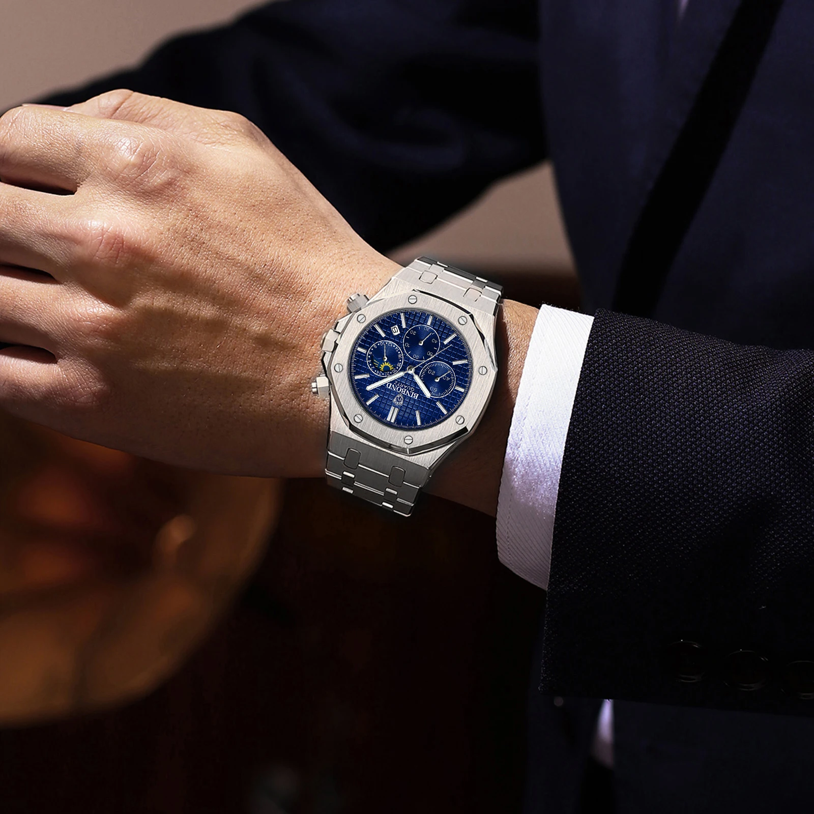 ساعات BINBOND Fine Steel للرجال، ساعة كوارتز أصلية للأعمال، مقاومة للماء، تاريخ مضيء، مرحلة القمر