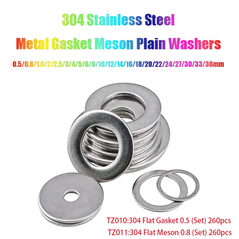 

304 Stainless Steel Washer 0.5/0.8/1.6/2/2.5/3/4/5/6/8/10/12/14/16/18~36mm Flat Washers Ring Plain Washer Gaskets Assortment Kit