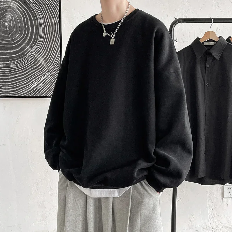 

Korean Harajuku Sweatshirts Men Spring Autumn Fashion Solid O Neck Oversized Pullover Tops Long Sleeve T-shirt Y2k Men Clothes