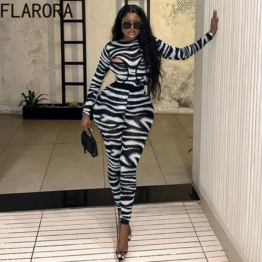 

FLARORA Sexy Zebra Print 2 Piece Set Woman Hollow Out Full Sleeve Bodysuits And Skinny Pants Outfits Party See Through Clubwear