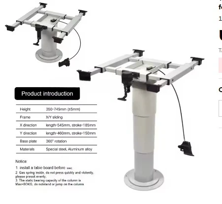 Table Leg Aluminum Pneumatic Lifting Desk Leg with Sliding Frame & Rotating Base Plate for Boat Marine Trailer Caravan