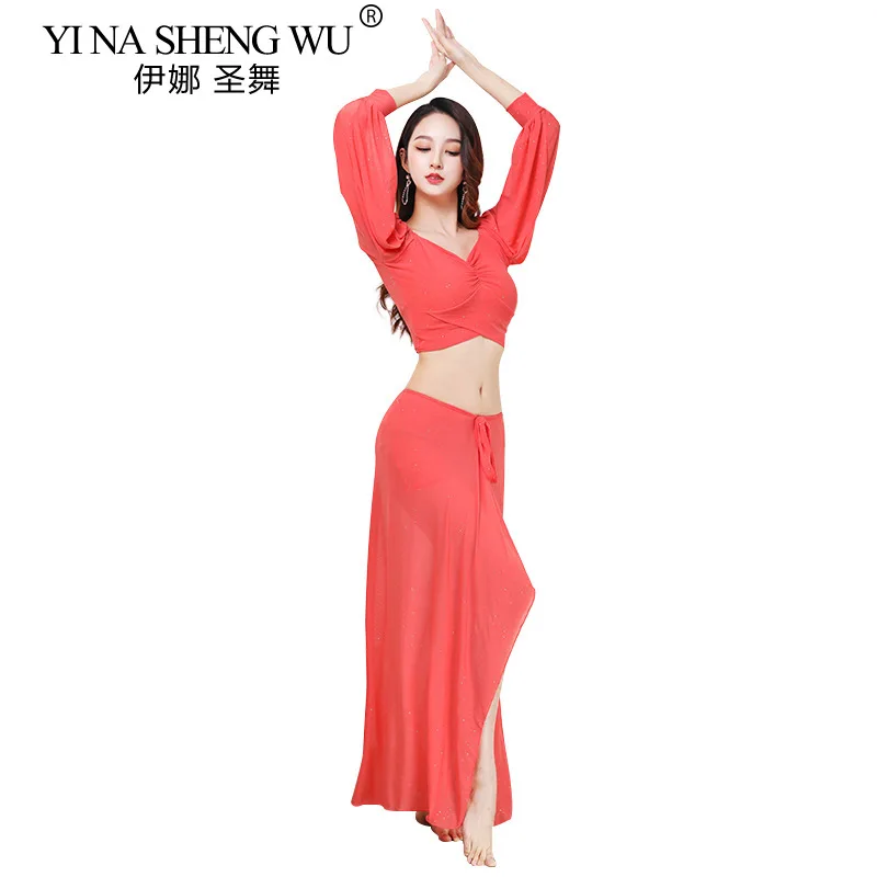 Belly Dance Costume Set for Women Black Long Sleeves Top+Gauze Long Skirt 2pcs Training Set Oriental Belly Dancing Wear Outfit