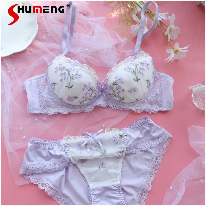 

Mesh Embroidery Sexy Girl Bra Set Japanese Style Underwire Push Up Intimates Women's Floral Print Sweet Lingerie Brief Suits